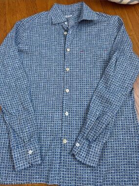 Kiton Blue & White Grid-Pattern Casual Button-Down Shirt